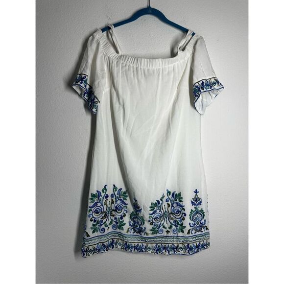 SANDRA DARREN BOHEMIAN WHITE LINED COLD SHOULDER SHIFT DRESS EMBROIDERED SIZE 12 - Picture 1 of 12